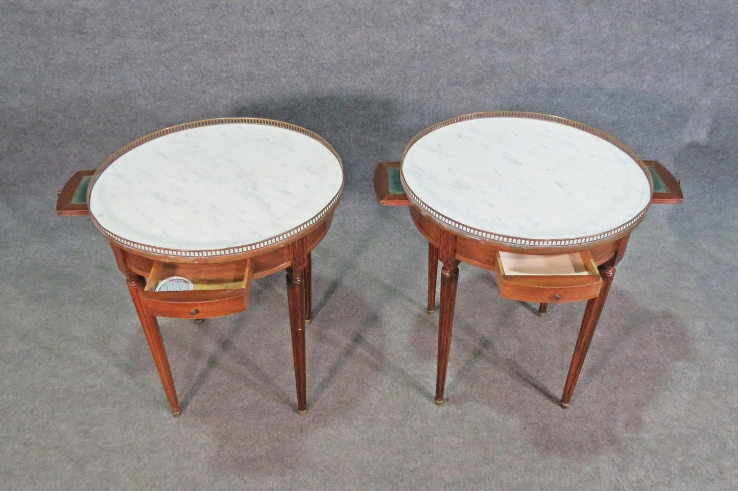 Pair of French Louis XVI Mahogany Gueridons End Tables with Brass Gallery