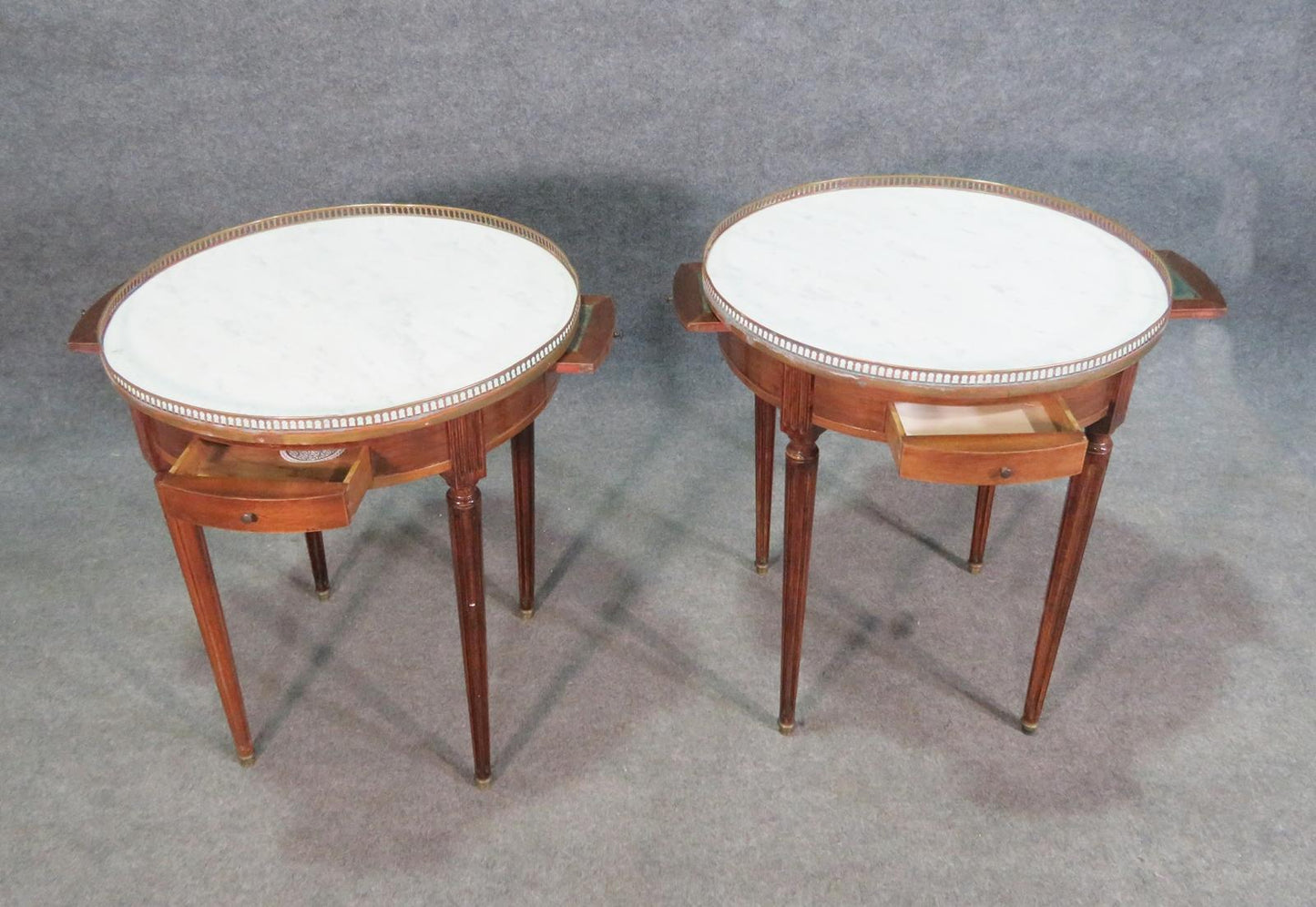 Pair of French Louis XVI Mahogany Gueridons End Tables with Brass Gallery