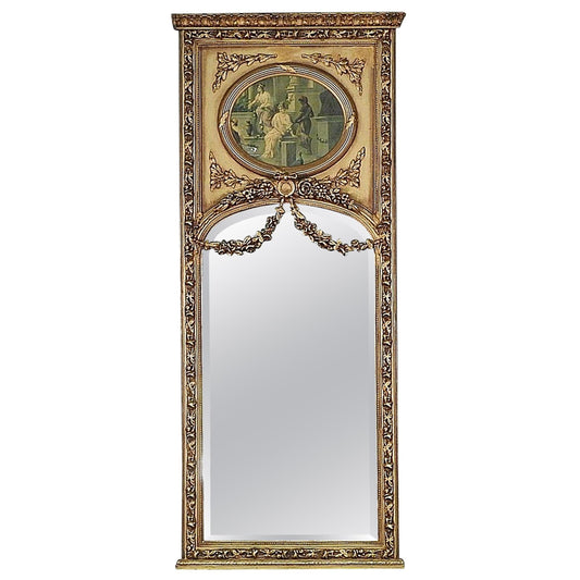 Tall Gilded French Louis XV Style Trumeau Mirror with Neoclassical Print