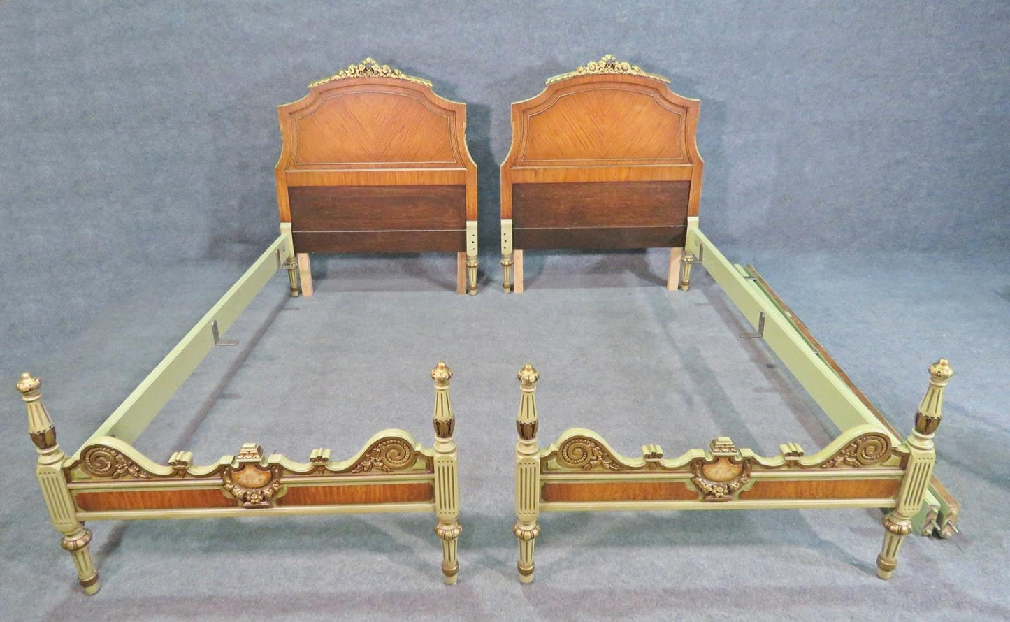 Pair Fancy Satinwood French Louis XV Style Twin Single Beds Circa 1920