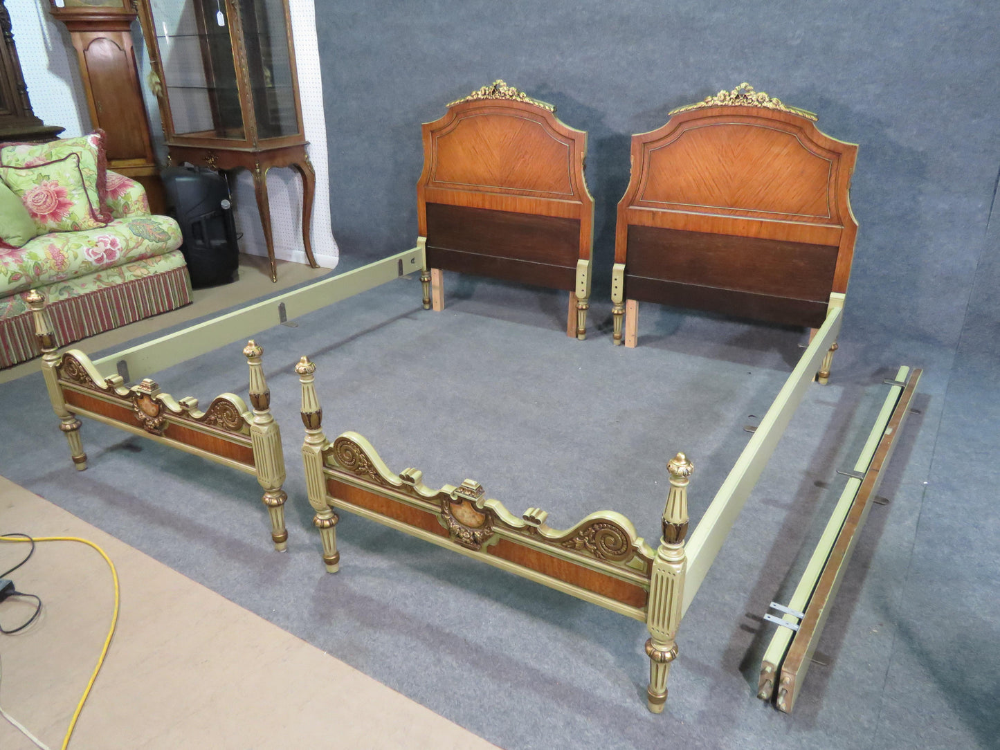 Pair Fancy Satinwood French Louis XV Style Twin Single Beds Circa 1920