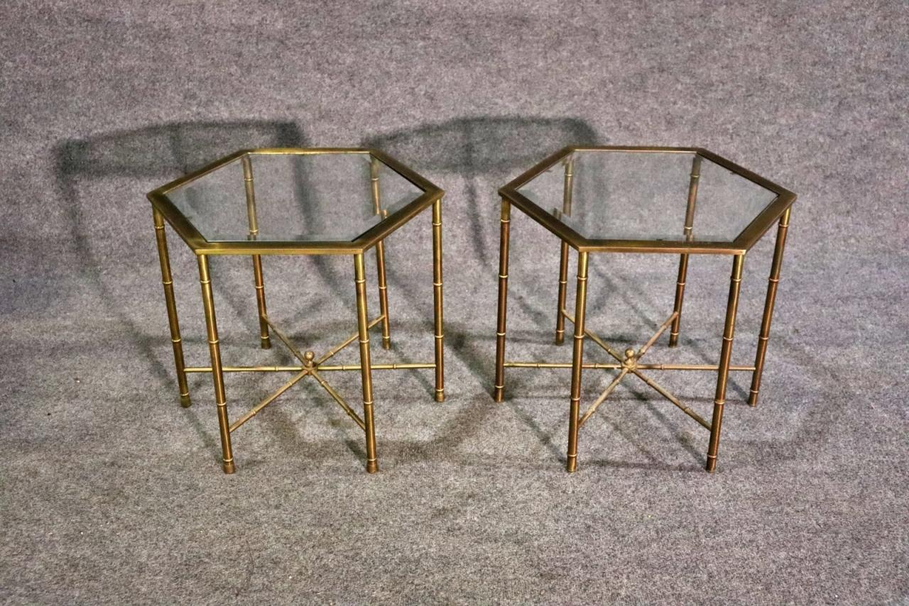 Pair of Faux Bamboo Bagues Style Solid Brass Hexangonal End Tables Circa 1970