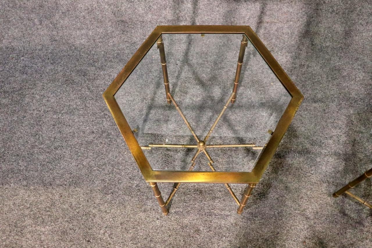 Pair of Faux Bamboo Bagues Style Solid Brass Hexangonal End Tables Circa 1970