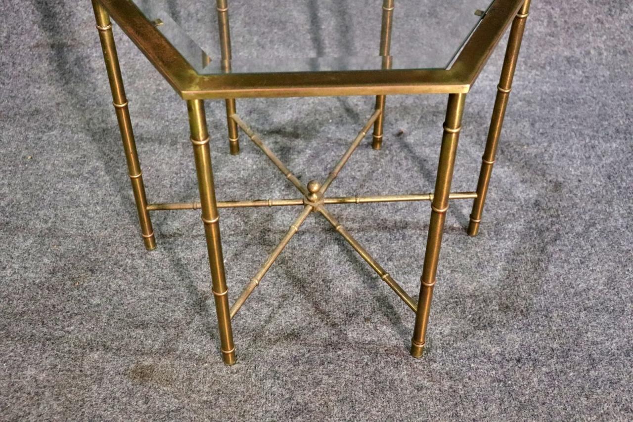 Pair of Faux Bamboo Bagues Style Solid Brass Hexangonal End Tables Circa 1970