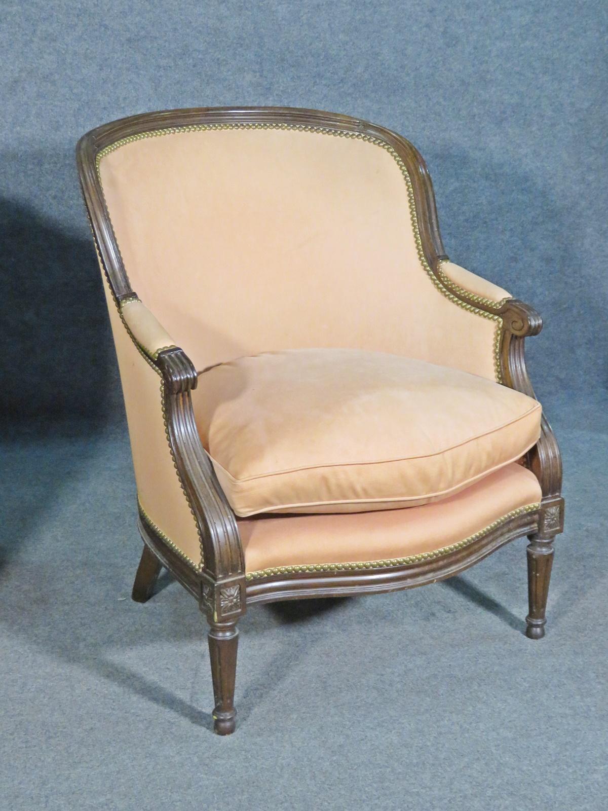 Mated Pair Similarly Upholstered French Carved Walnut Louis Bergere Chairs