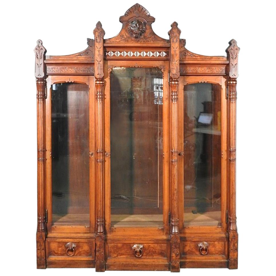 Daniel Pabst Walnut Renaissance Revival Victorian Three-Door Bookcase circa 1870