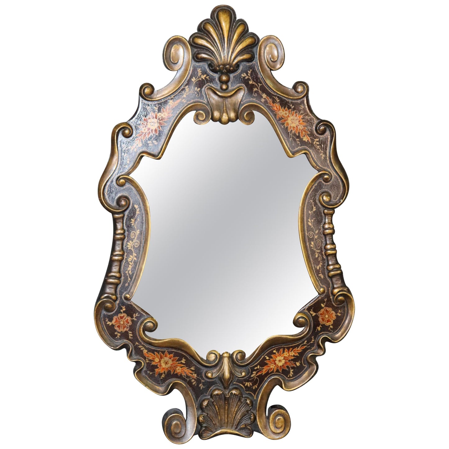 Hand-Paint Decorated Gilded Venetian Italian Wall Mirror, circa 1940