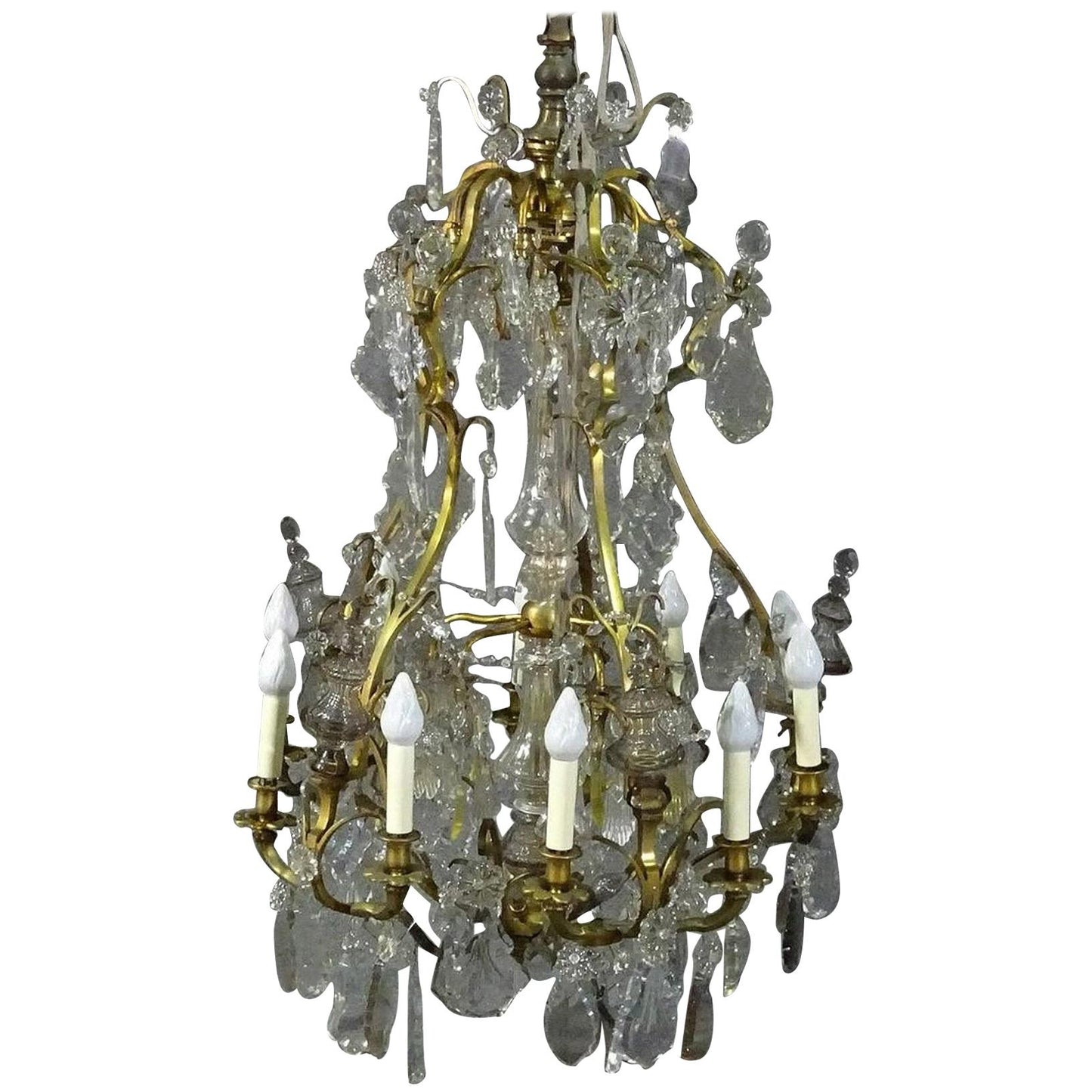 Brass Louis XVI Style 1930s Crystal Pendant Chandelier with Crystal Spires