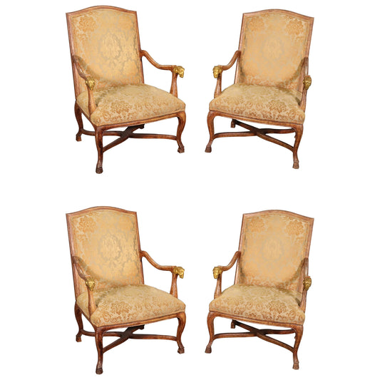 Set 4 French Paint Decorated Giltwood Rams Head Armchairs Dining Office Chairs