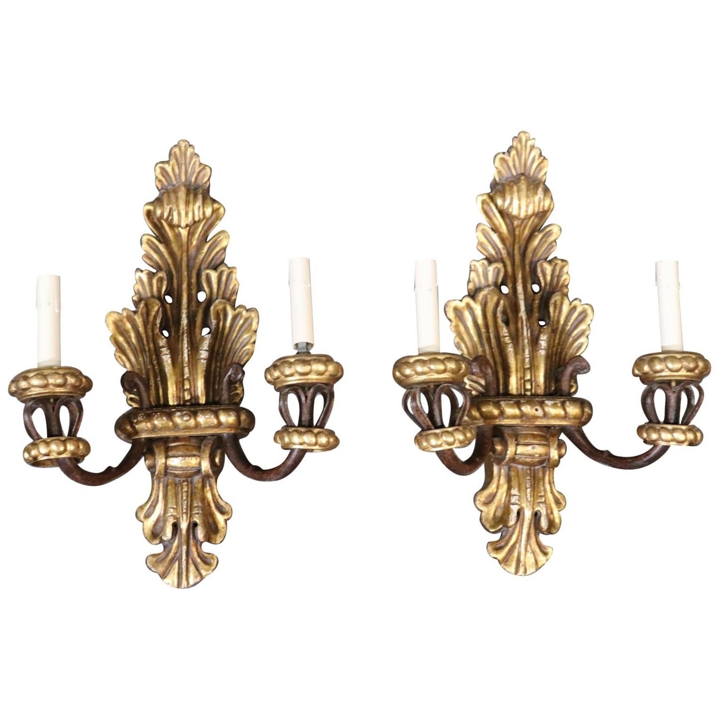 Pair of French Louis XV Gilded Carved Wood Sconces