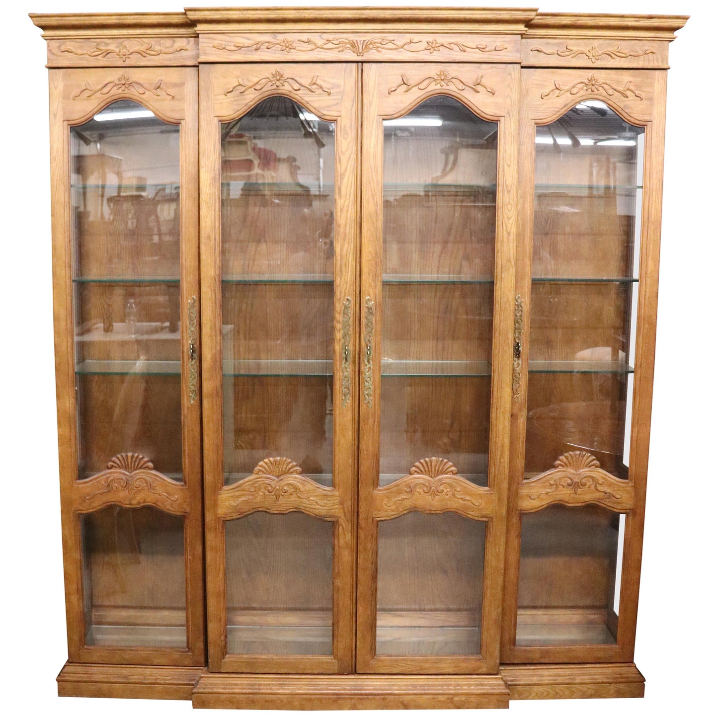 Large Solid Oak French Louis XV Style Breakfront Bookcase Vitrine, circa 1980