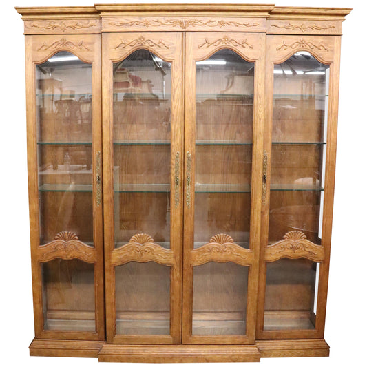 Large Solid Oak French Louis XV Style Breakfront Bookcase Vitrine, circa 1980