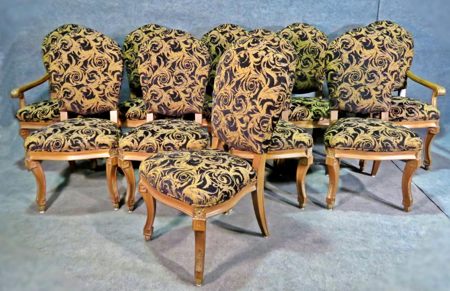 Set 10 Carved French Louis XV Dining Chairs Circa 1990