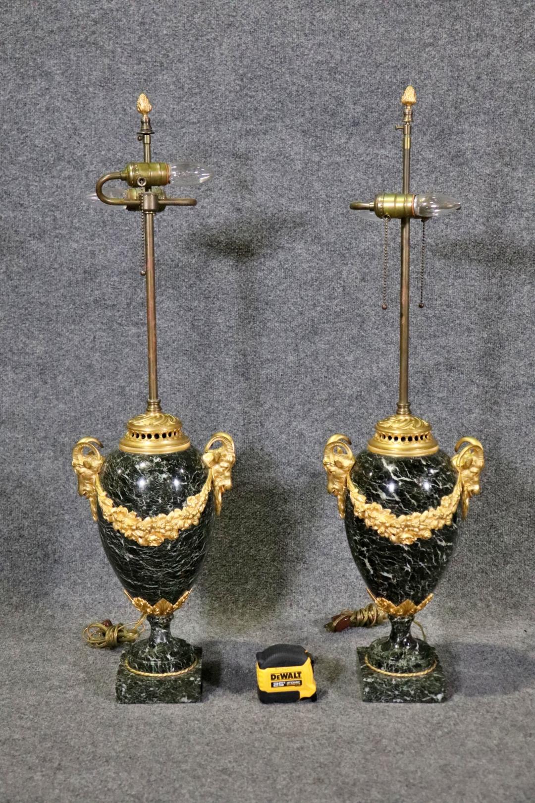 Fantastic Bronze Mounted Dore' and Verdi Marble French Cassolette Table Lamps