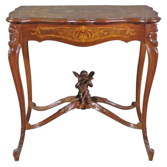 Carved French Louis XV Puttu Cherub Inlaid Center Hall Table Attr. RJ Horner