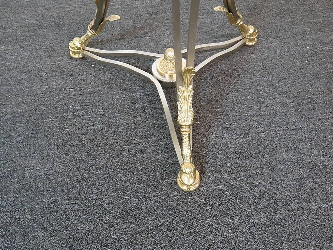 Pair Round Brass & Steel Jansen Style Glass Top Gueridons Occasional End Tables