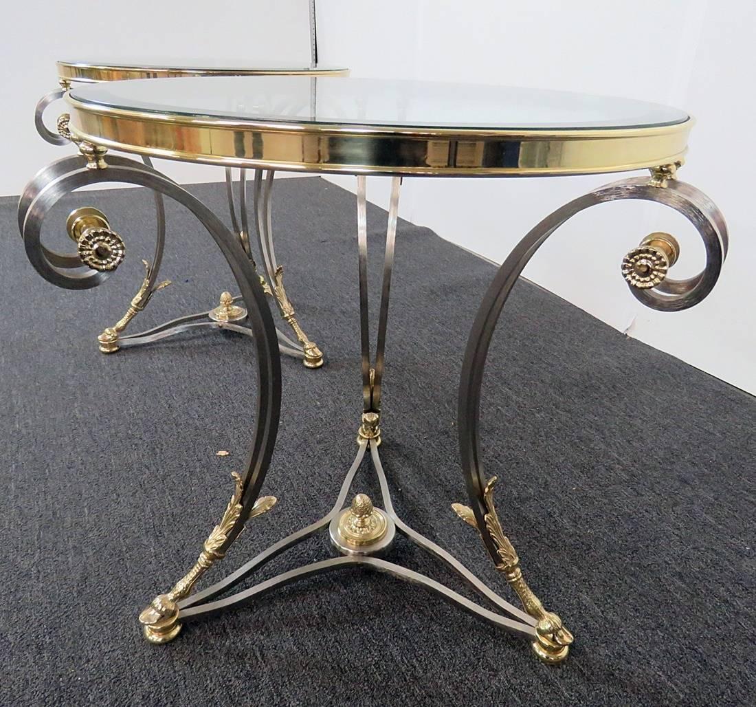 Pair Round Brass & Steel Jansen Style Glass Top Gueridons Occasional End Tables