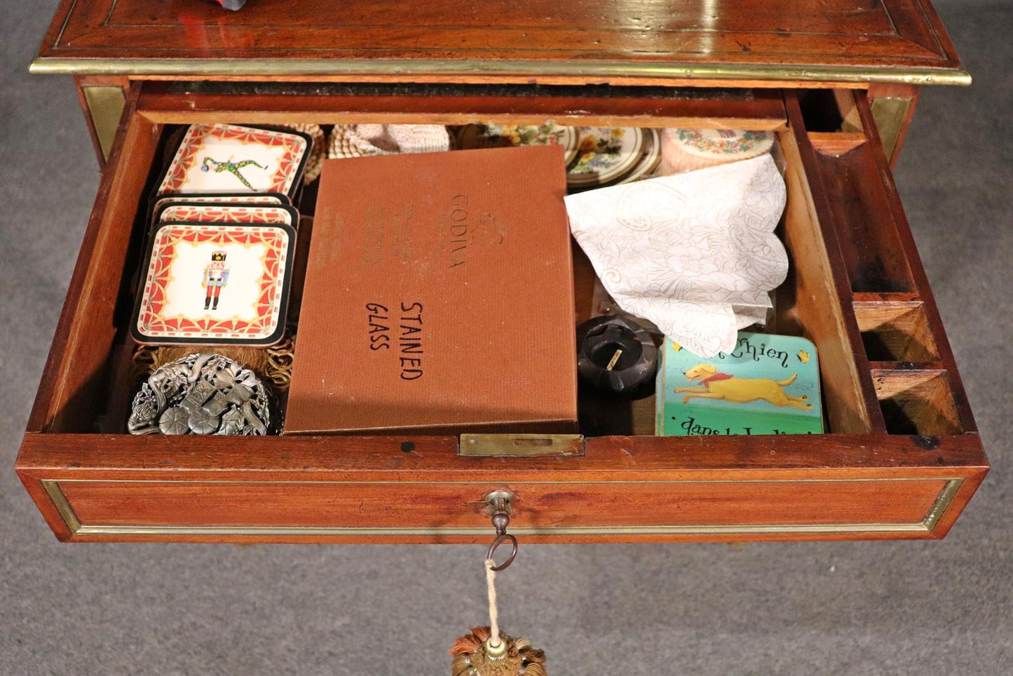 French Directoire Style Brass Trimmed Leather Top Vanity Desk, Circa 1890