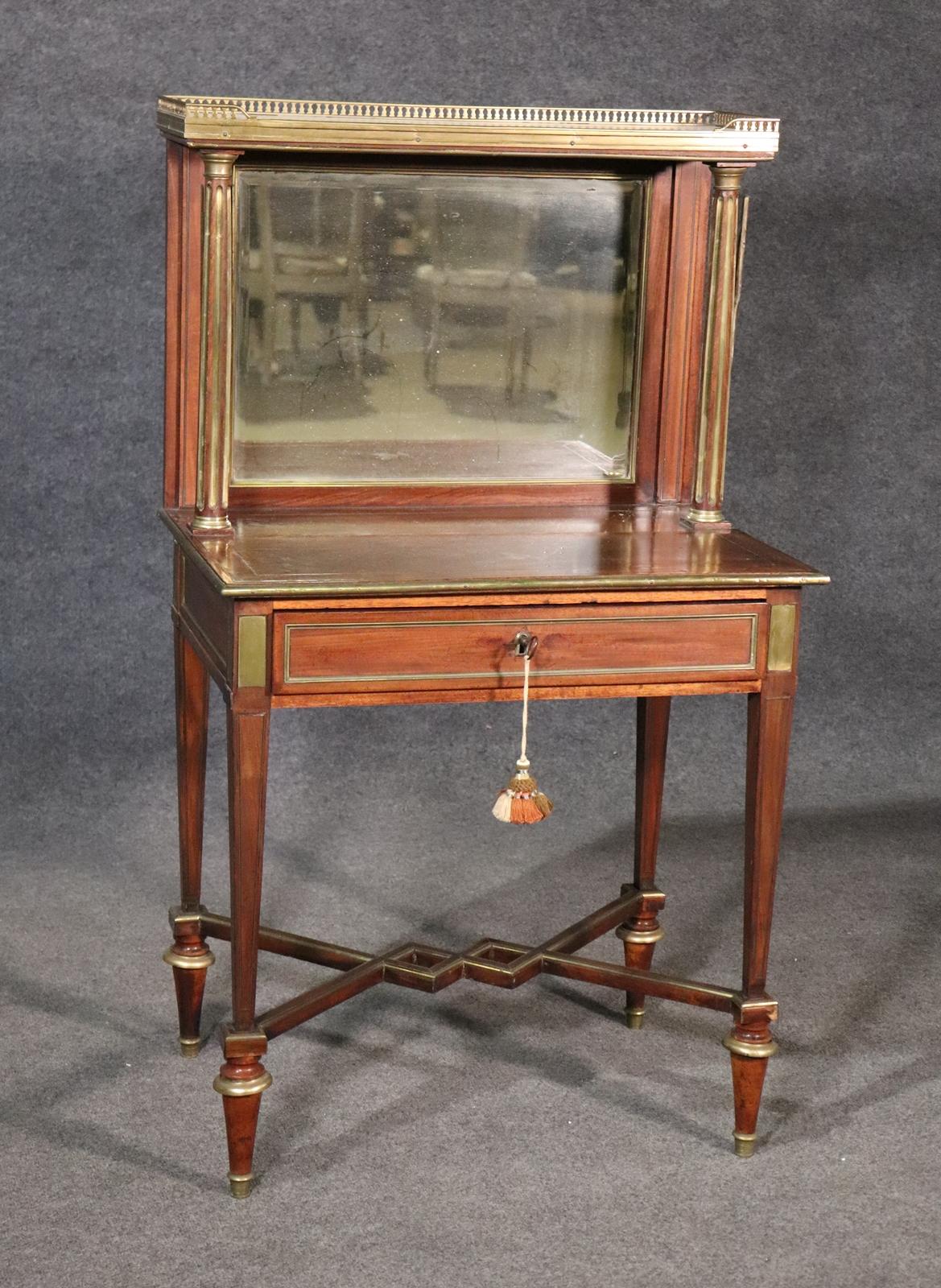 French Directoire Style Brass Trimmed Leather Top Vanity Desk, Circa 1890