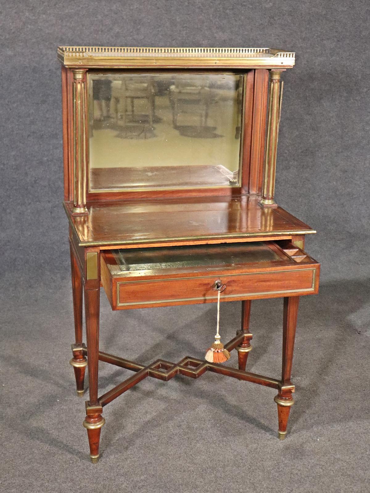 French Directoire Style Brass Trimmed Leather Top Vanity Desk, Circa 1890