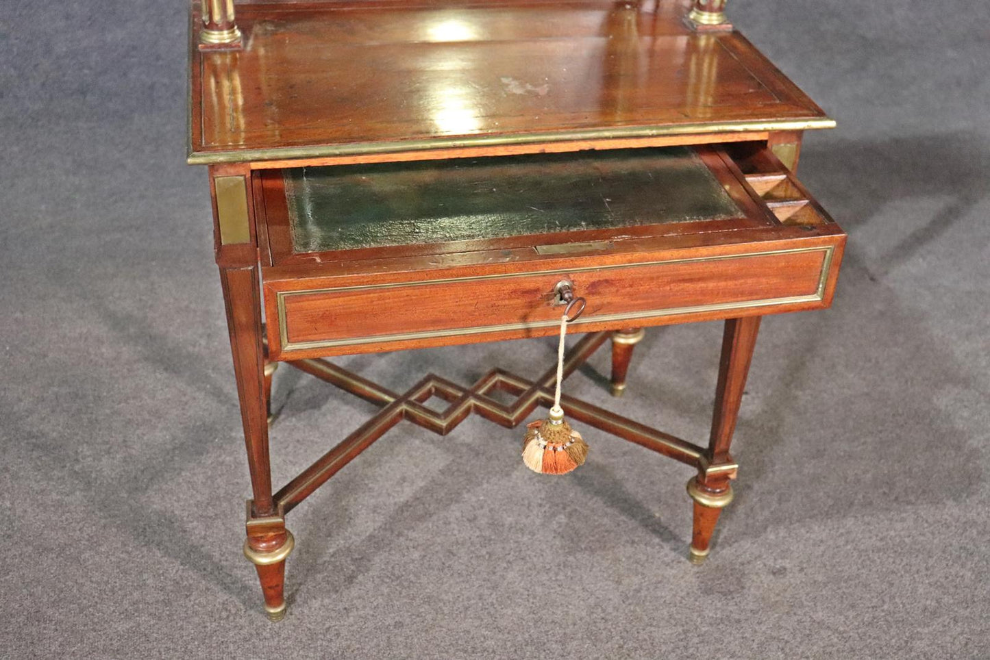 French Directoire Style Brass Trimmed Leather Top Vanity Desk, Circa 1890