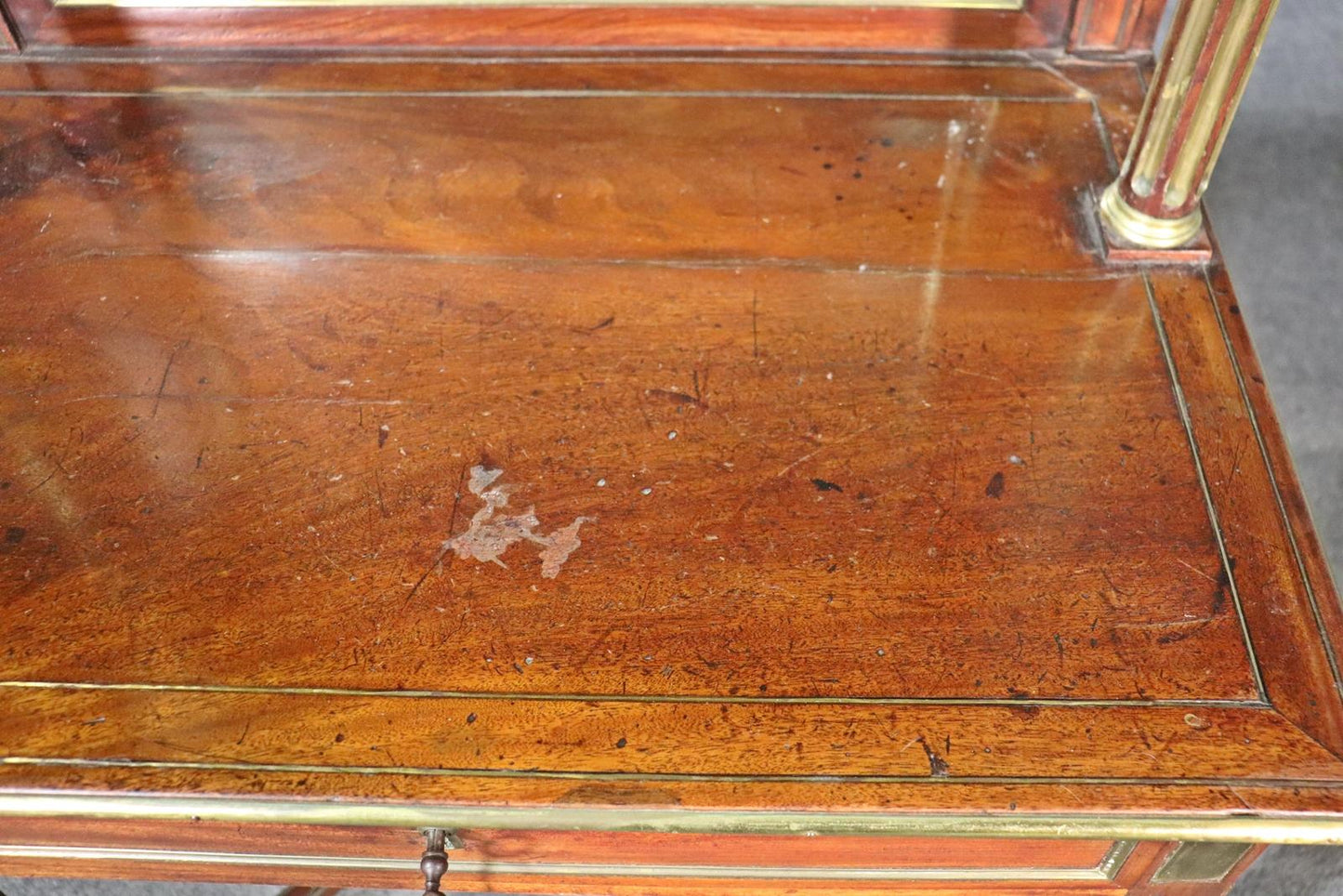 French Directoire Style Brass Trimmed Leather Top Vanity Desk, Circa 1890