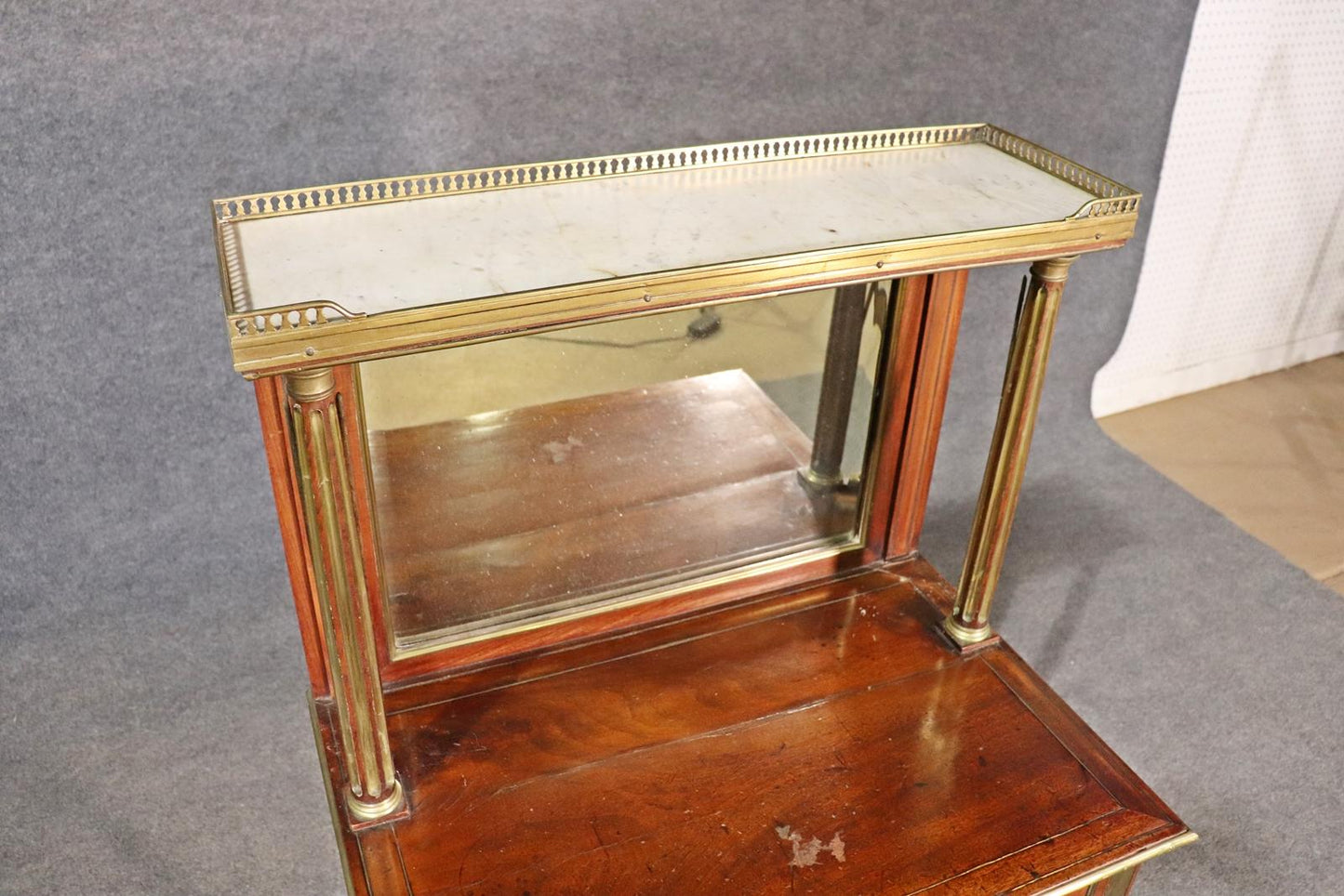 French Directoire Style Brass Trimmed Leather Top Vanity Desk, Circa 1890