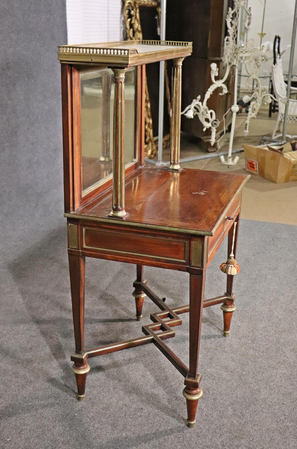 French Directoire Style Brass Trimmed Leather Top Vanity Desk, Circa 1890