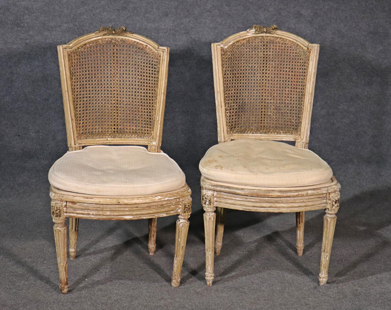 Pair of Antique Paint Decorated Cane Back French Louis XVI Chairs, Circa 1860s