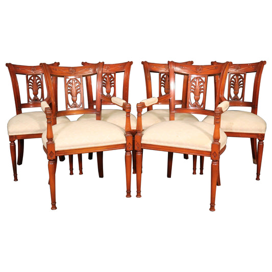 Set of 6 French Carved Walnut Regency Dining Chairs Circa 1950