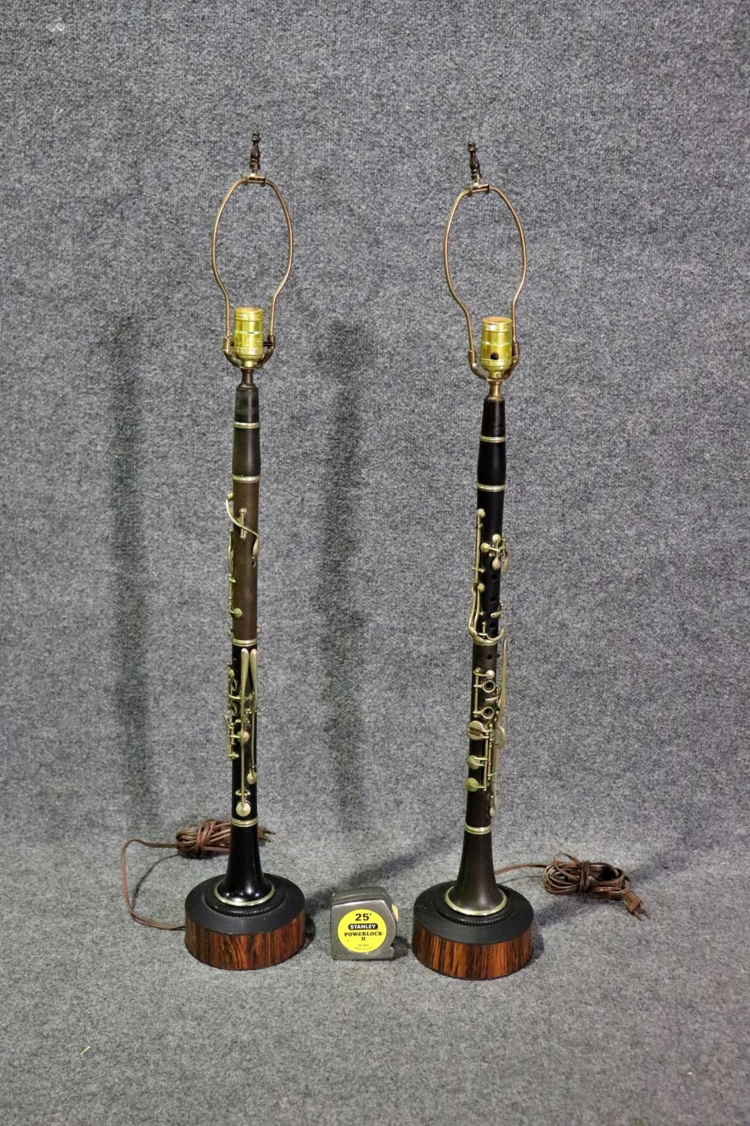 Unique Pair of Faux Rosewood Clarinet Form Table Lamps