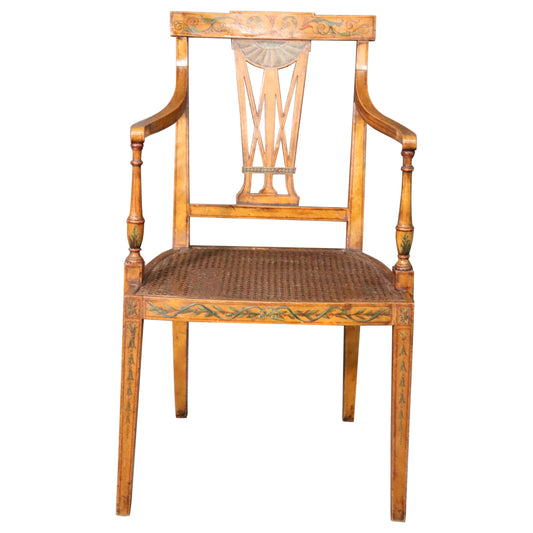 Fine Quality Paint Decorated English Satinwood Adams Cane Armchair Circa 1920