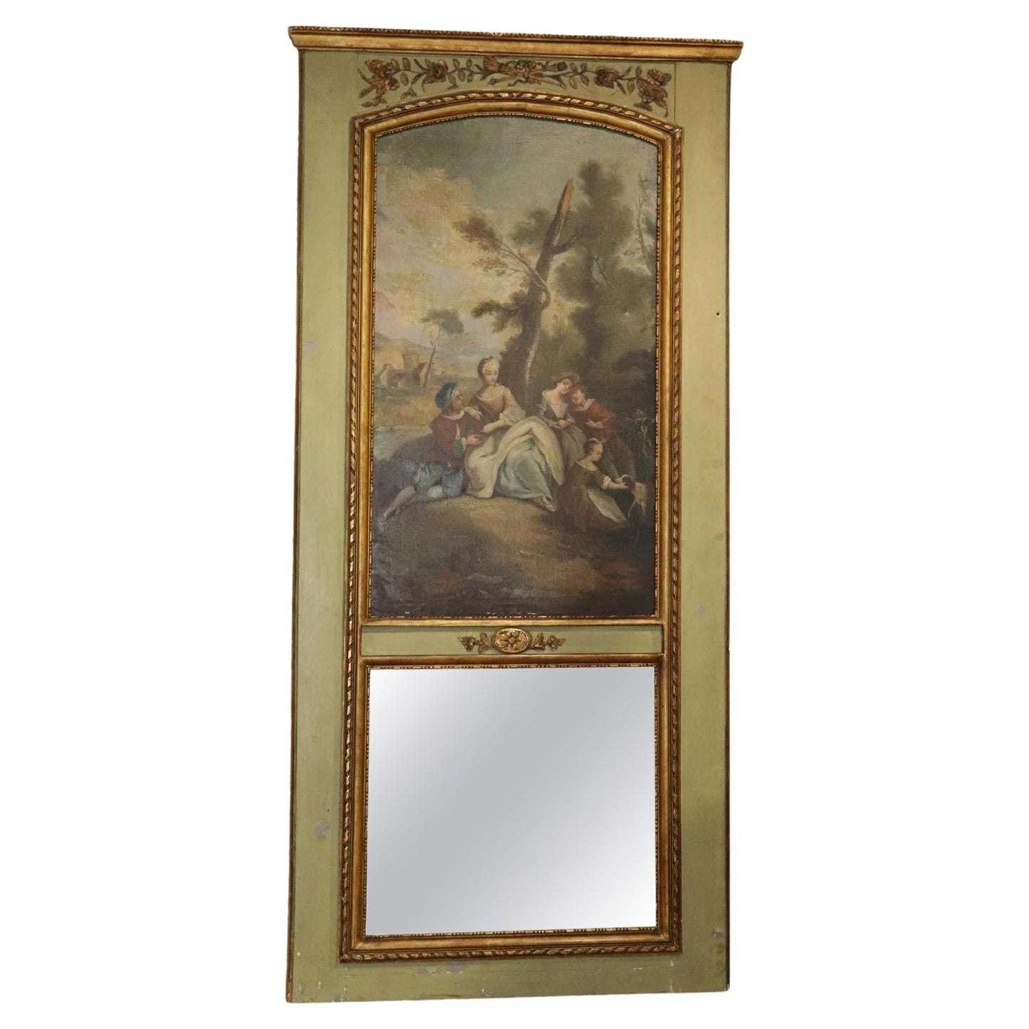 Monumental French Louis XV Oil Painted Trumeau Mirror circa 1900