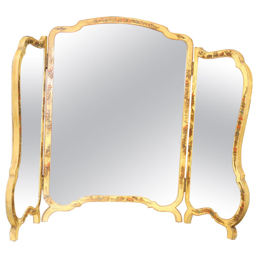 Tri-Fold Chinoiserie Paint Decorated Folding Vanity or Wall Mirror