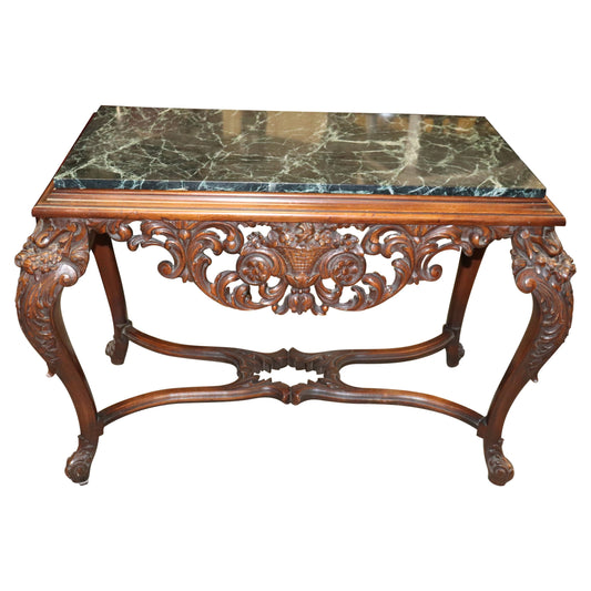 Fine Carved Walnut Verdi Green Marble Top Console Table with Stretcher Base