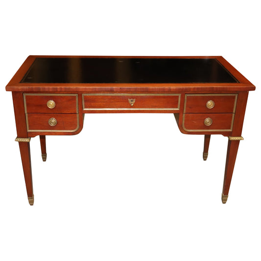 Black Leather Top French Directoire Style Writing Desk Bureau Plat, Circa 1960