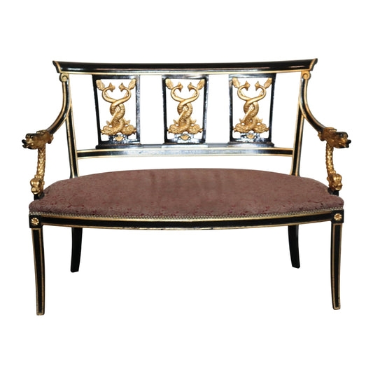 French Empire Style Ebonized Giltwood Carved Dolphins Settee Circa 1950