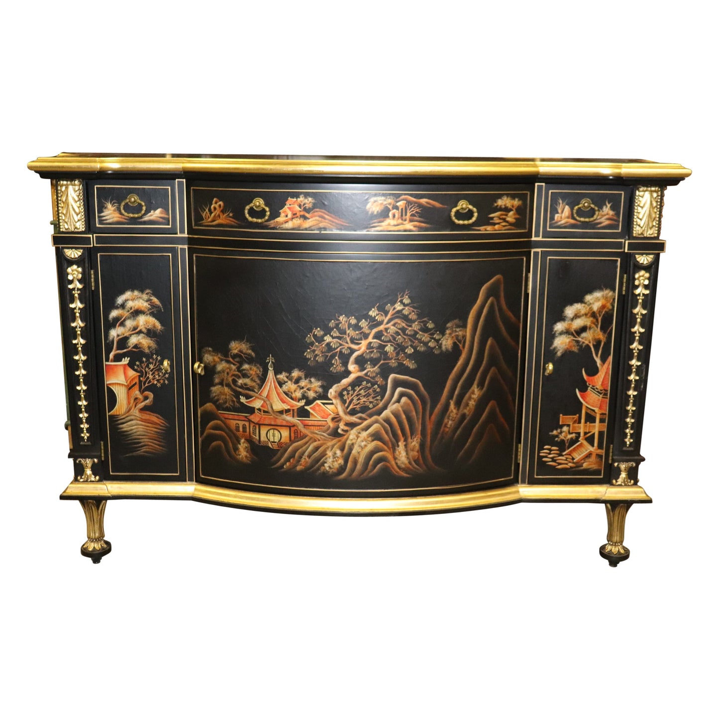 John Widdicomb Chinoiserie Paint Decorated Commode Buffet with Gilded Details