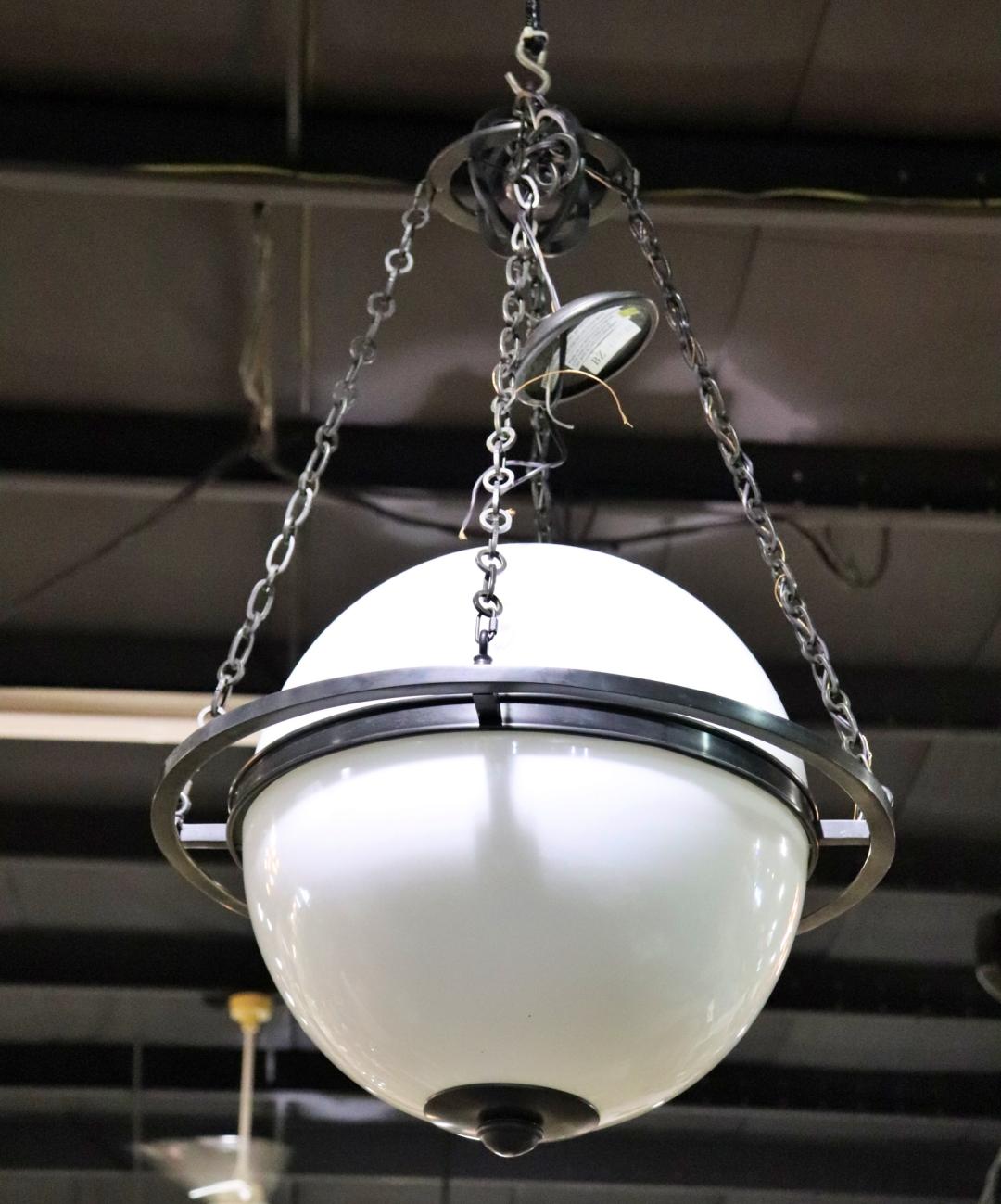 Milk Glass and Metal Spherical Planetary Style Mid Century Modern Chandelier