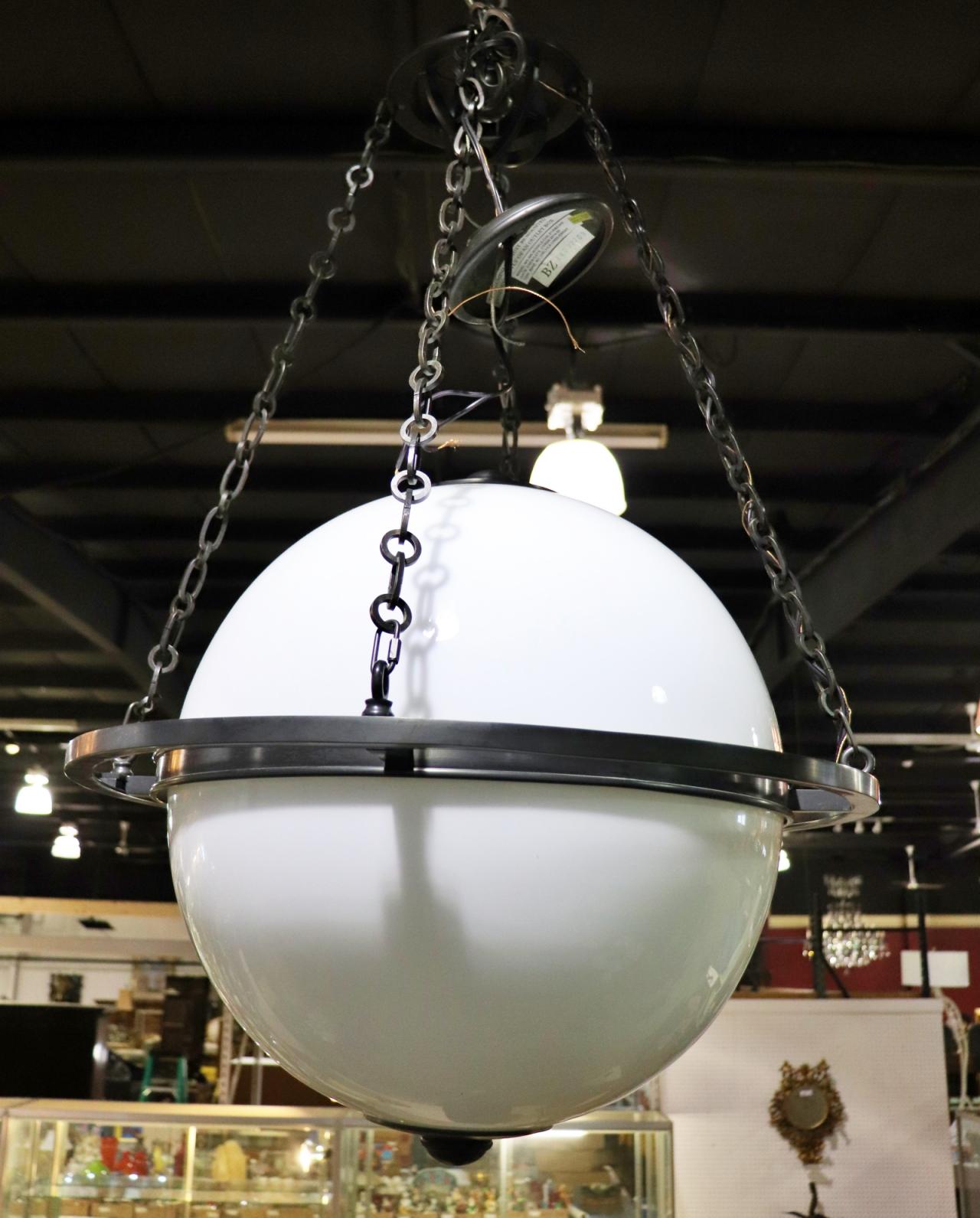 Milk Glass and Metal Spherical Planetary Style Mid Century Modern Chandelier