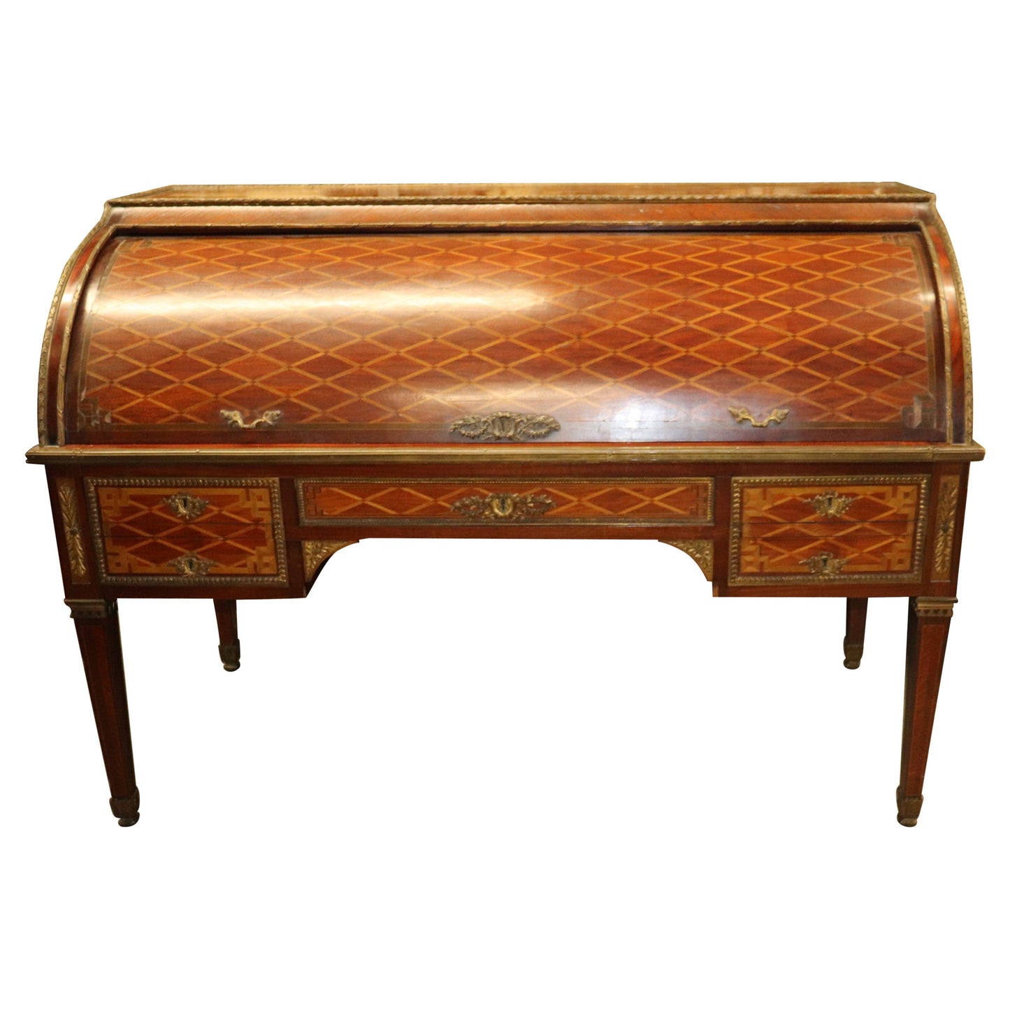 Monumental Inlaid French Bronze Mounted Louis XVI Cylinder Desk Circa 1900