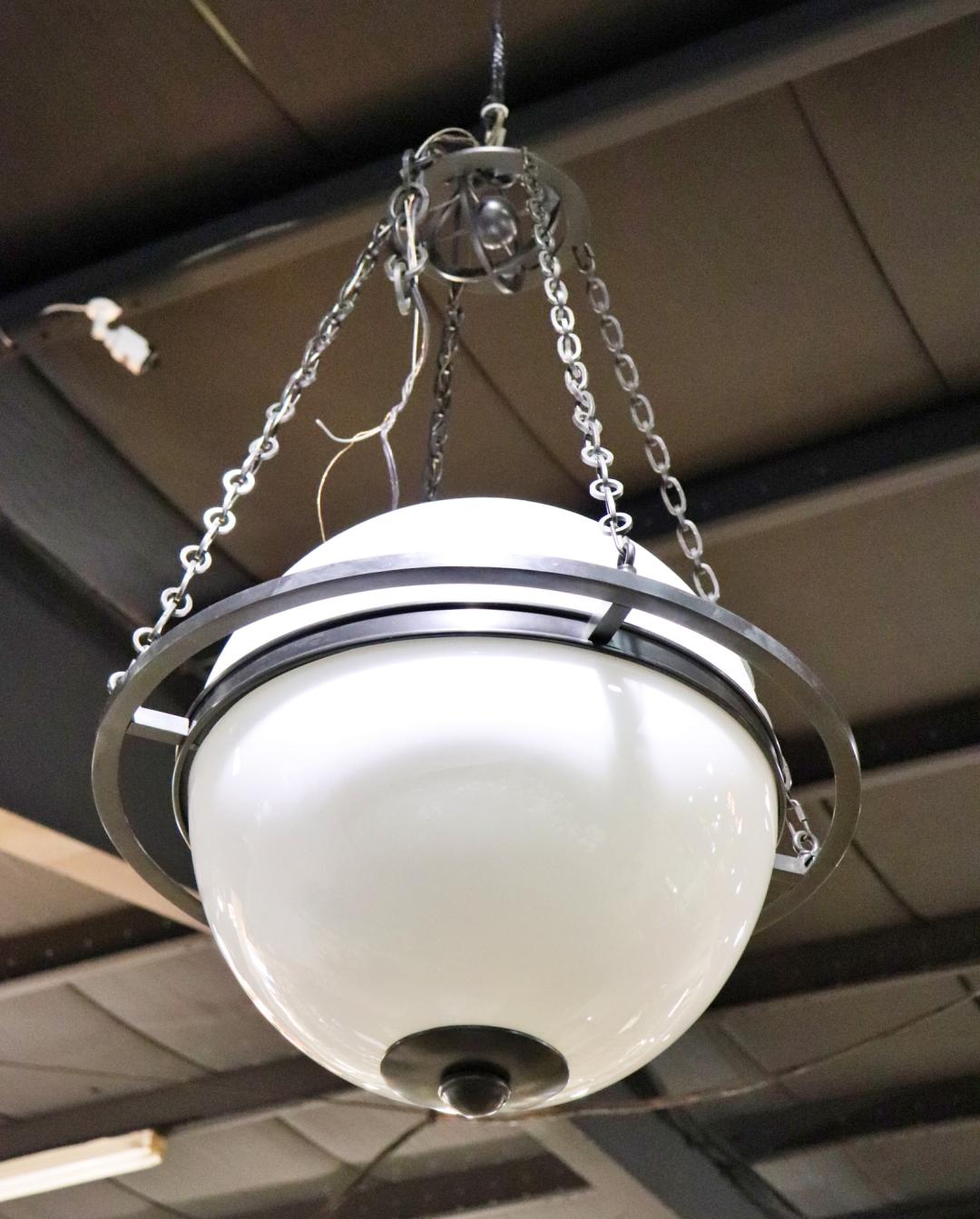 Mid Century Modern Milk Glass and Metal Spherical Pendant Chandelier