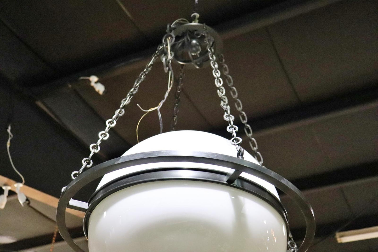 Mid Century Modern Milk Glass and Metal Spherical Pendant Chandelier