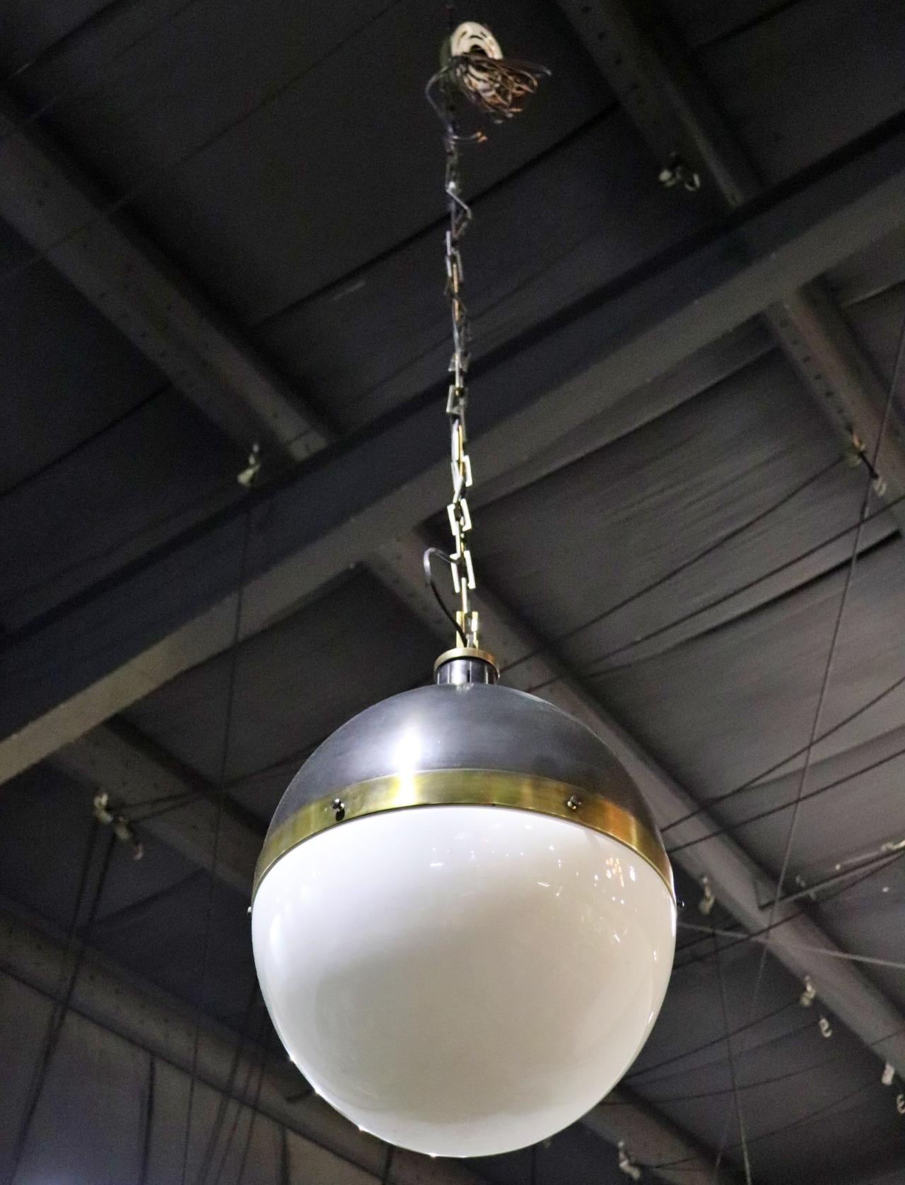 Spherical Glass Brass and Metal Mid Century Modern Chandelier Pendant Lamp