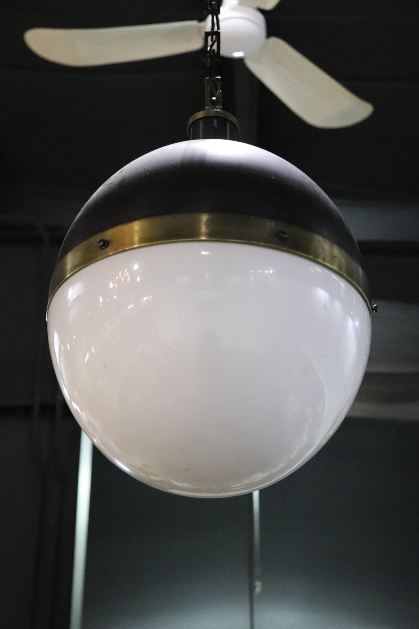 Spherical Glass Brass and Metal Mid Century Modern Chandelier Pendant Lamp