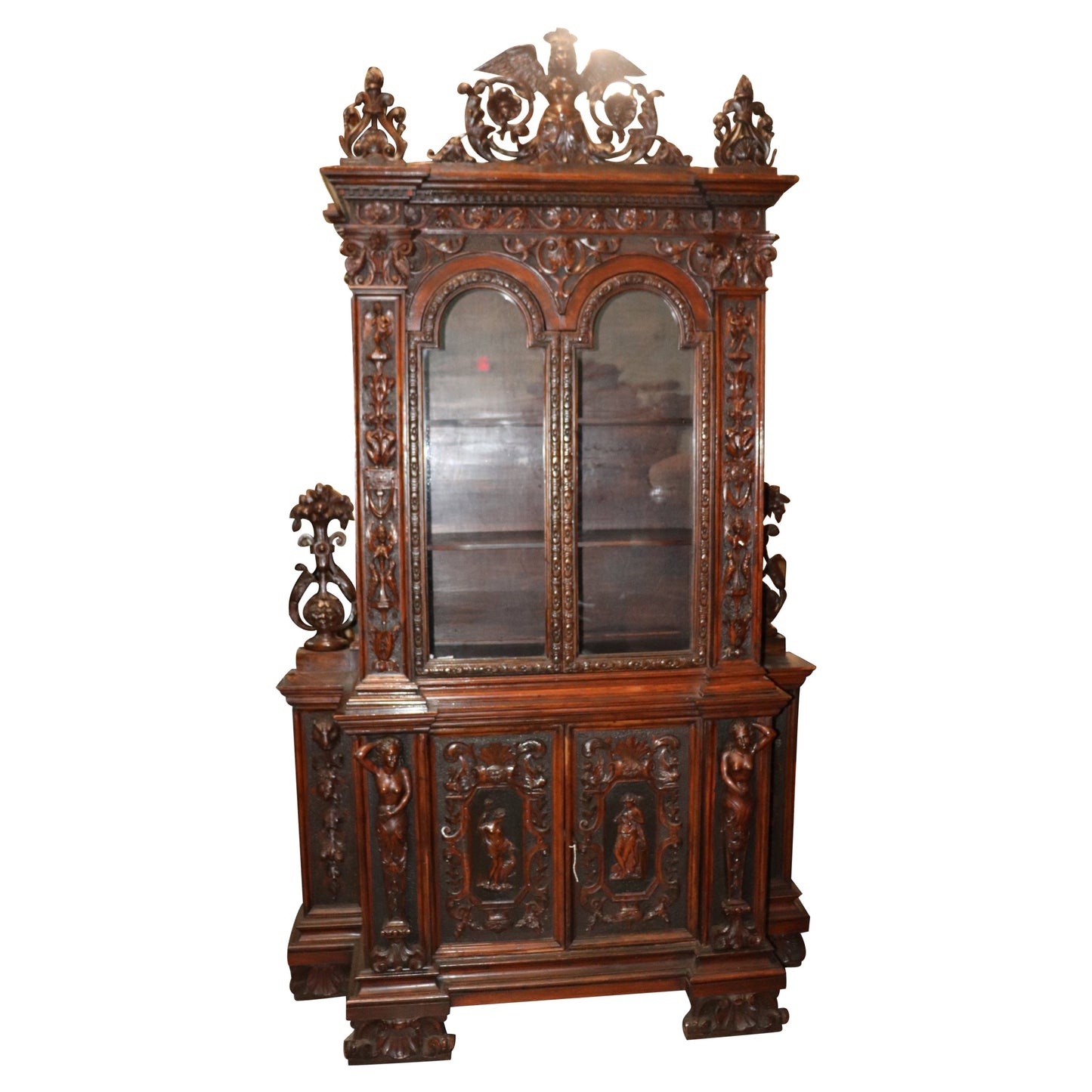 Fine Quality Carved Walnut Renaissance Italian Figural Bookcase Vitrine