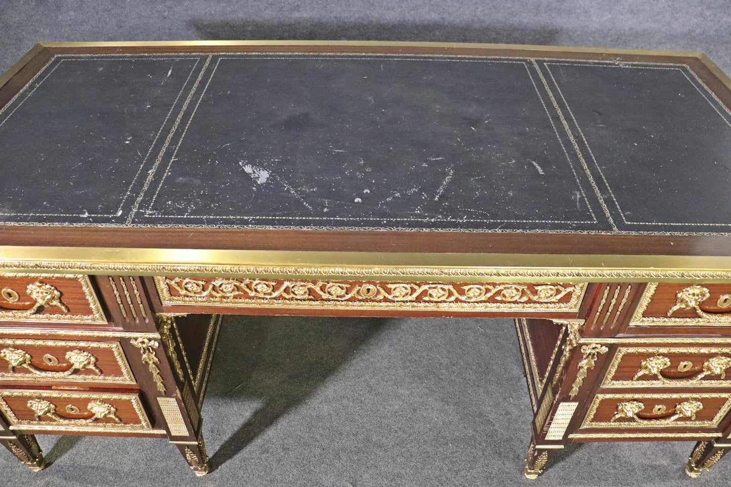 Fine Quality French Louis XVI Bronze Mounted Leather Top Executive Desk