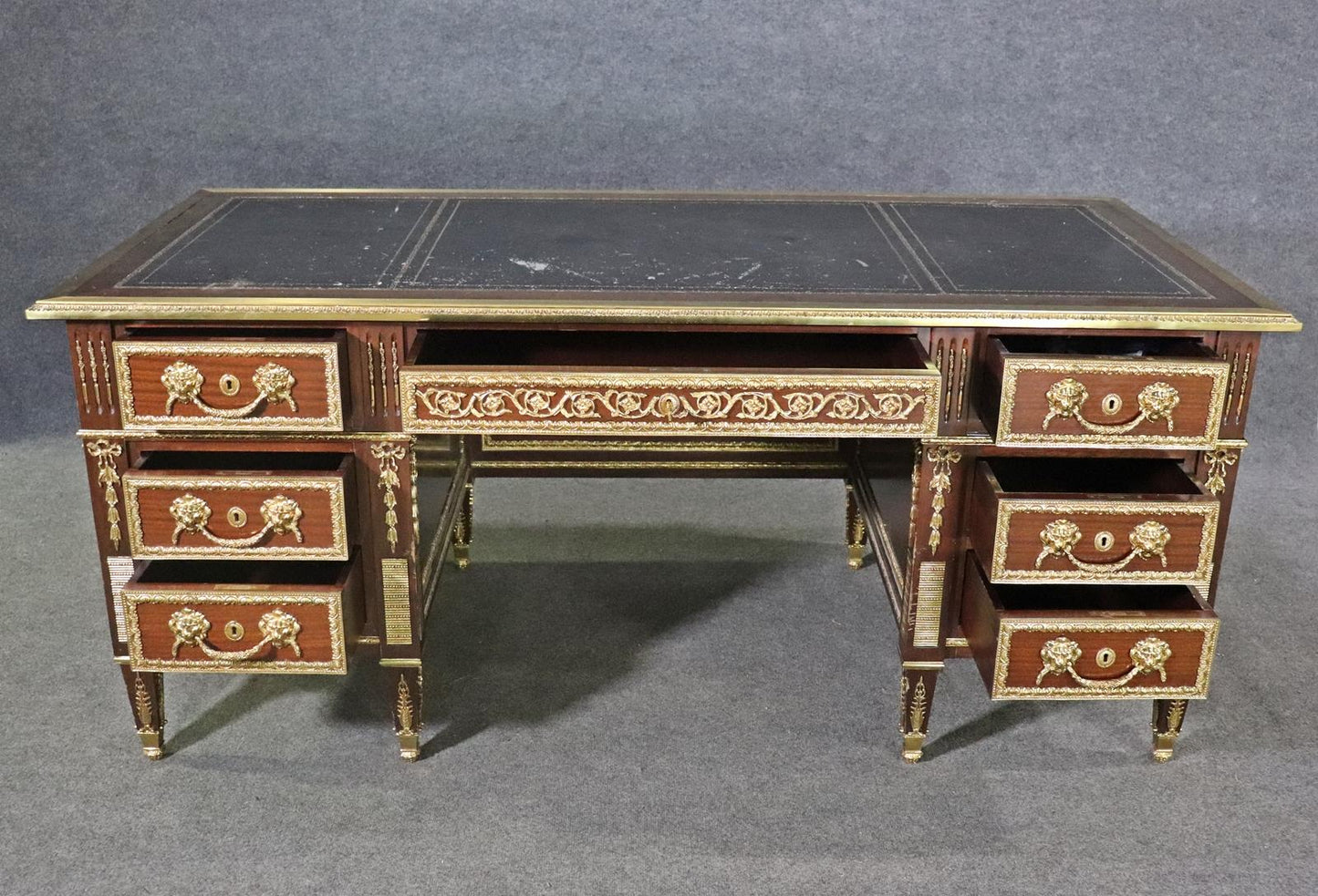 Fine Quality French Louis XVI Bronze Mounted Leather Top Executive Desk