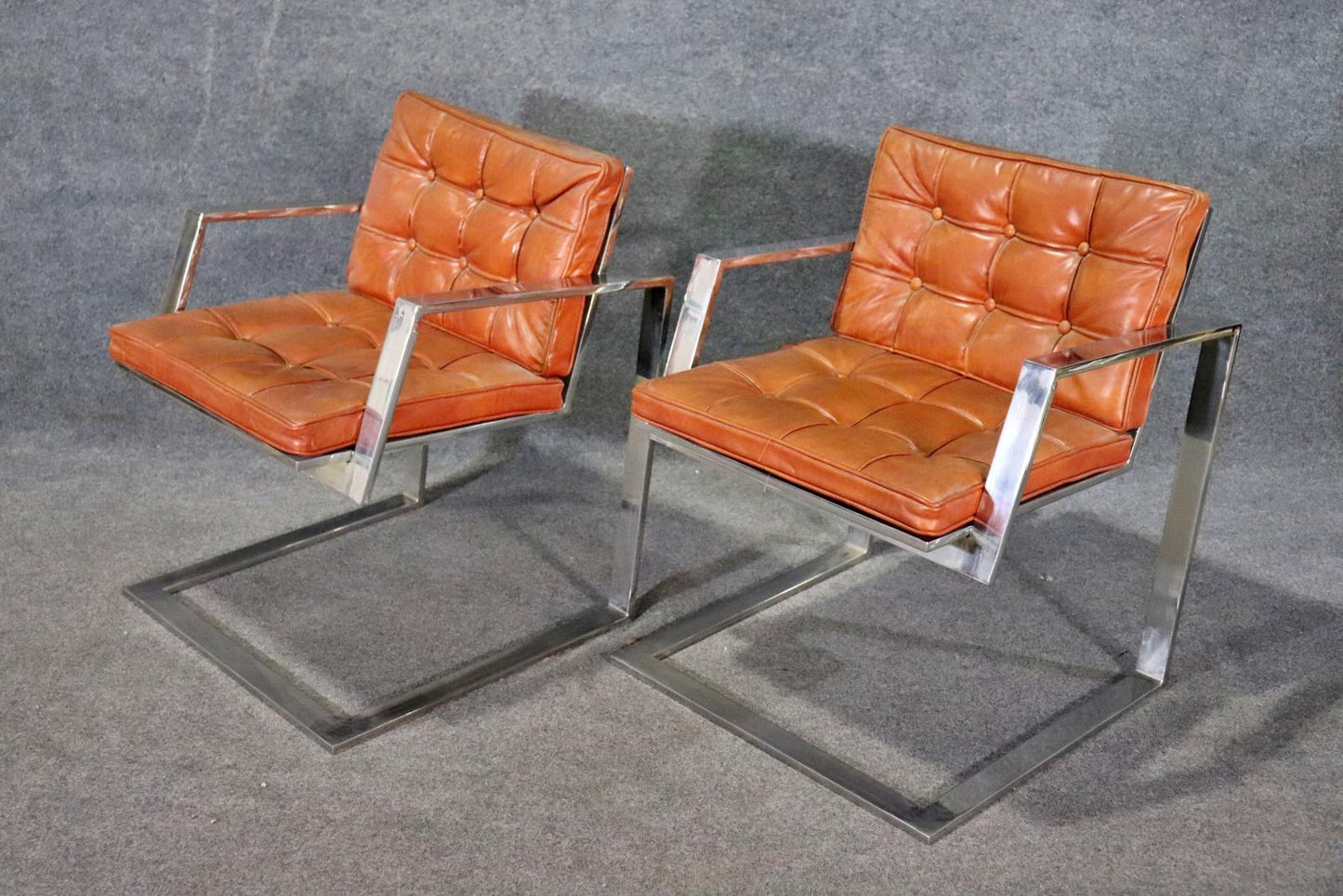 Mid Century Modern Barcelona Style Chrome Armchairs Circa 1970 Leather