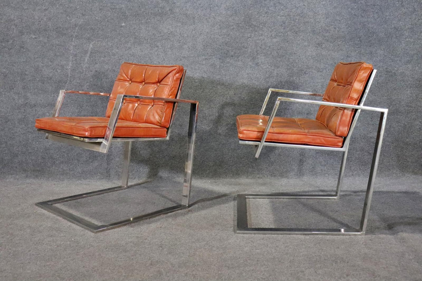 Mid Century Modern Barcelona Style Chrome Armchairs Circa 1970 Leather